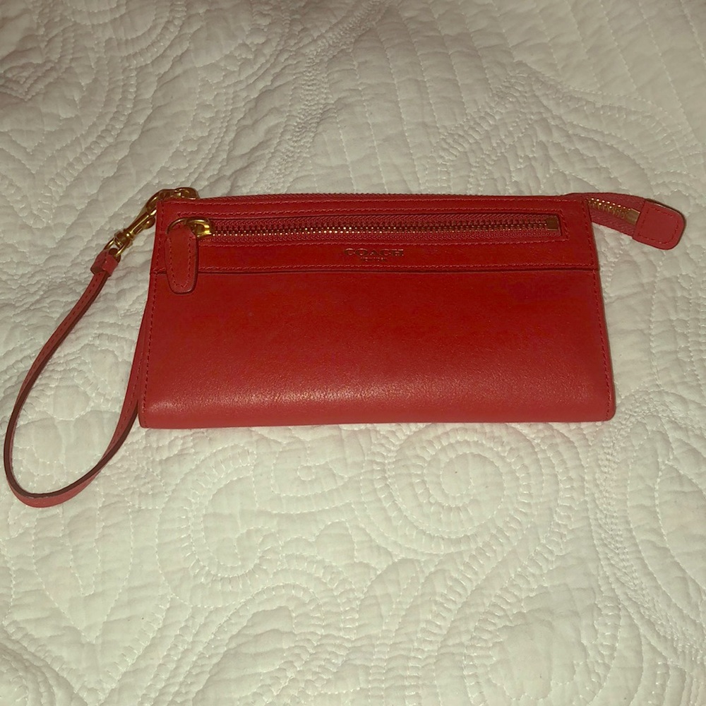 Coach red leather wallet with wrist strap